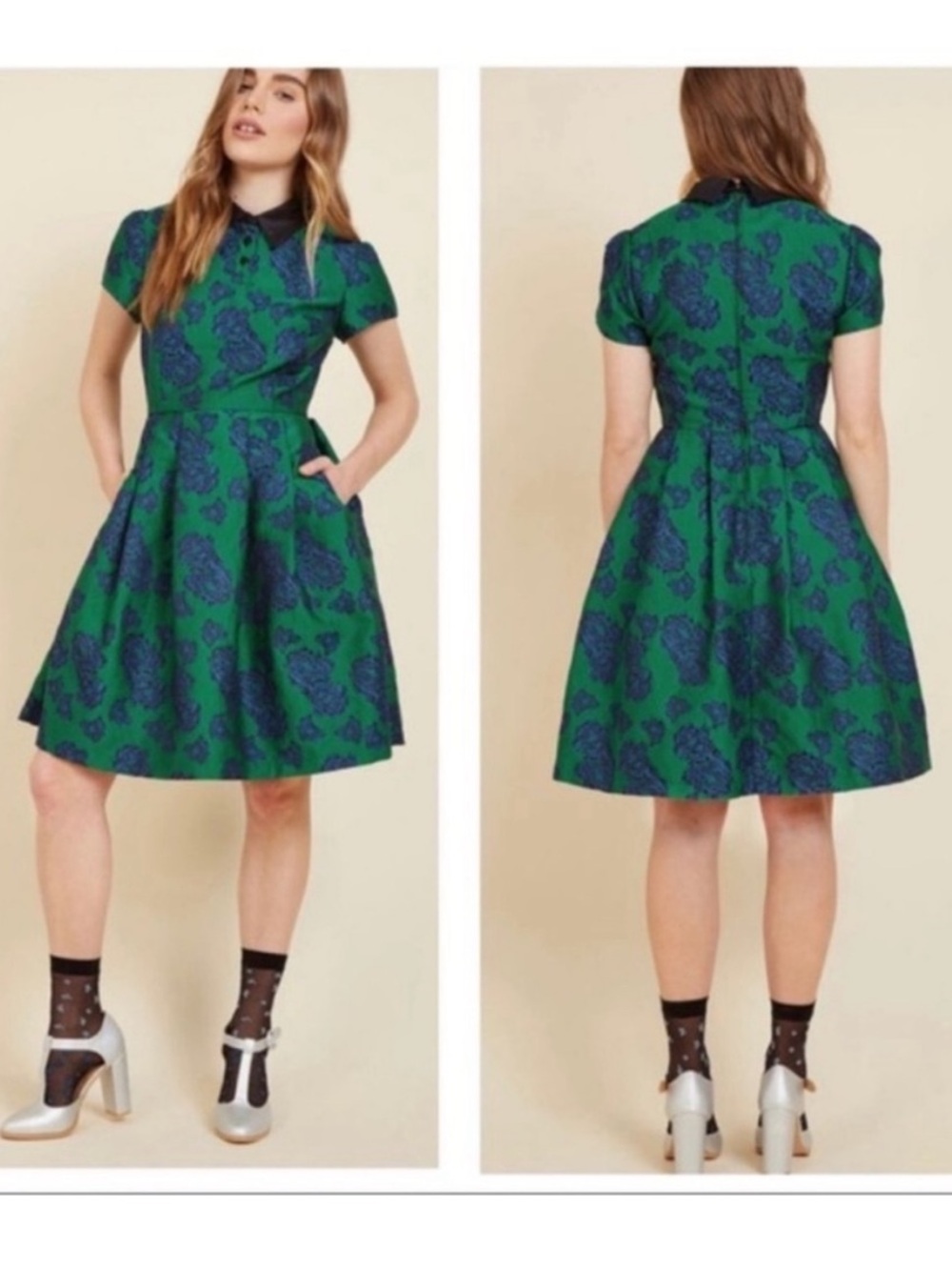 ModCloth Green and Navy Floral Fit-and-Flare Dress with Contrast Collar